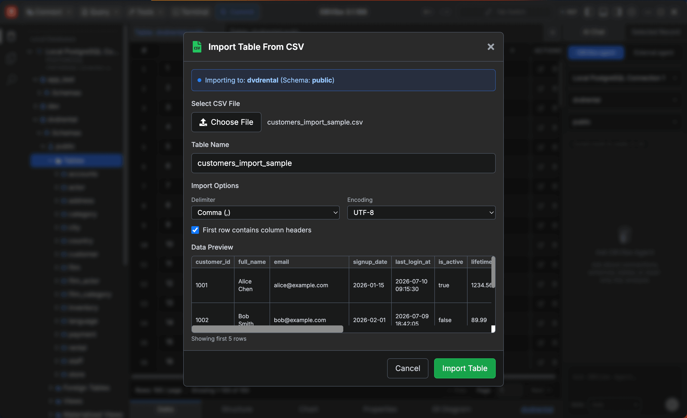 CSV import / export screenshot